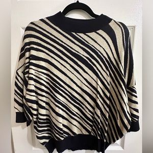 Ann Taylor navy and cream zebra striped three quarter sleeved sweater